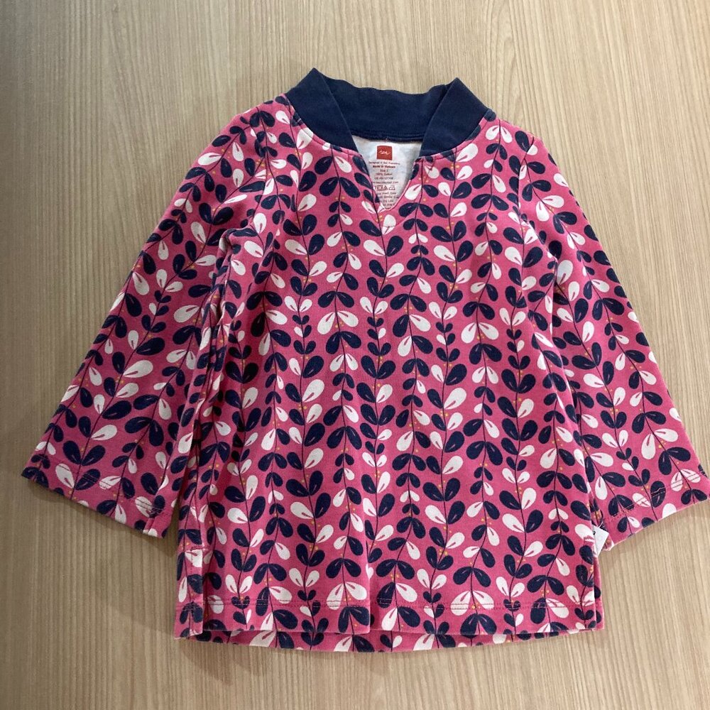 Tea Collection Pink Tunic Top 2 Floral Print Long Sleeve 100% Cotton V Neck